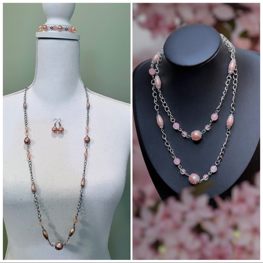 Silver and Pink Pearl Necklace, Bracelet, and Earring Set